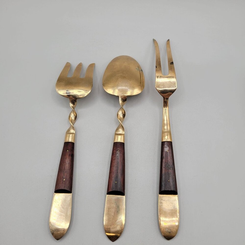 Siam Rosewood and Brass Serving Utensils Twist Handle Three Pieces - Picture 2 of 5